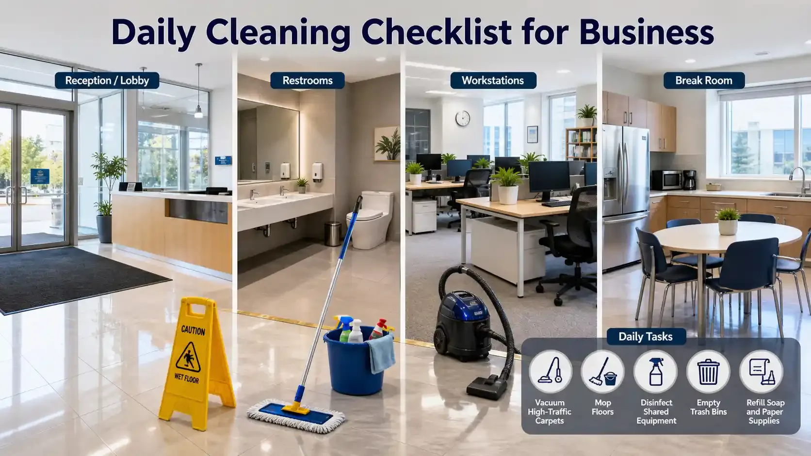 Daily business cleaning checklist in a clean, modern office workspace